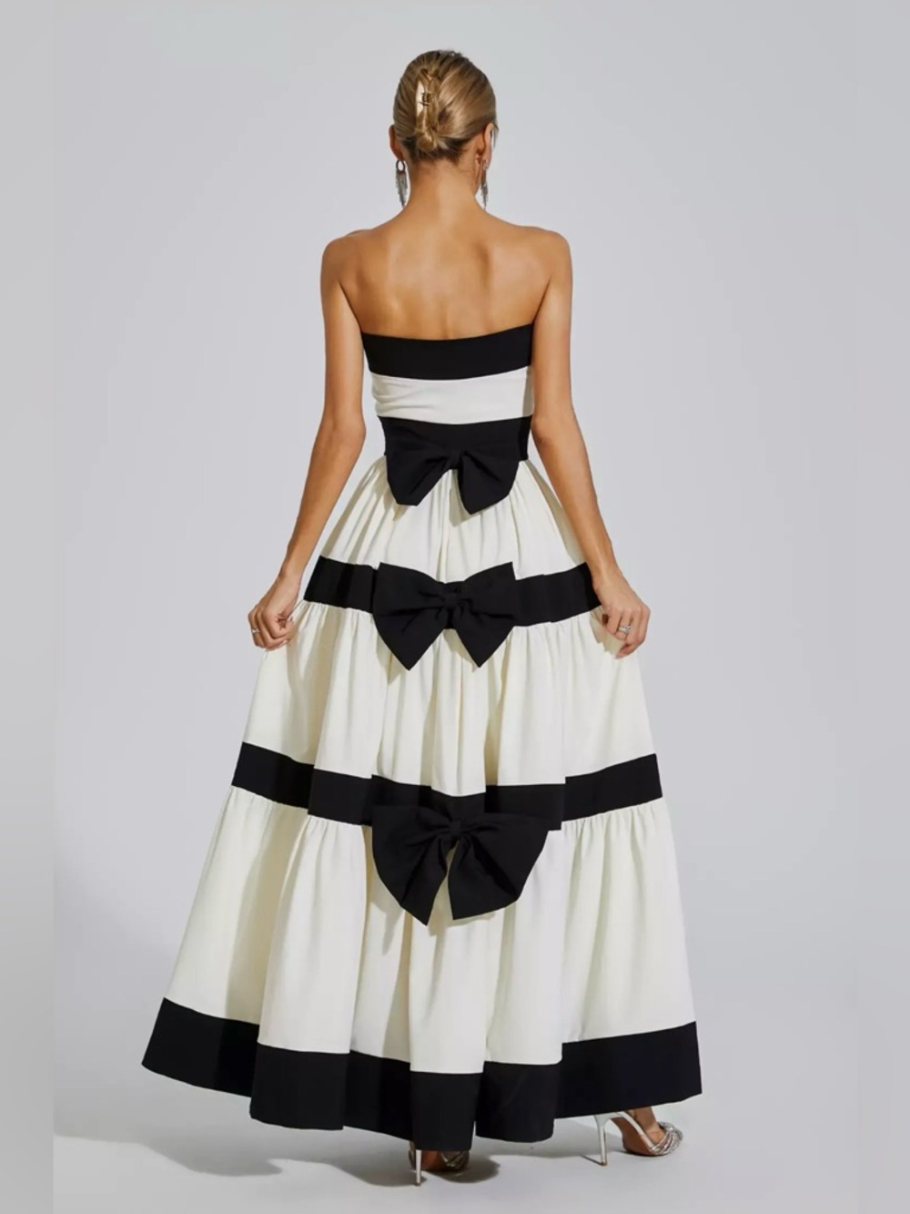 Strapless Black & White Tiered Bow Maxi Dress